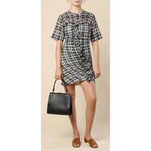 Isabel Marant Étoile Mini Dress Black Plaid Ruched Cotton Linen Blend Large (40)